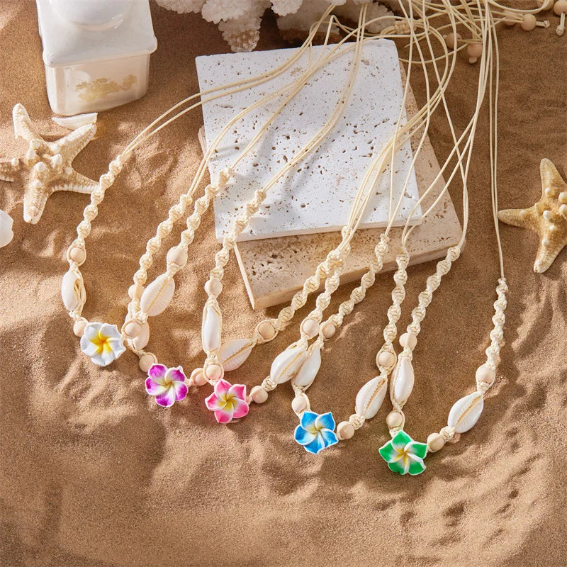 CowLost | bohemia-conch-beads-braided-necklaces-for-women-pink-green-cute-little-daisy-flower-choker-hand-woven-summer-beach-party-jewelry |2
