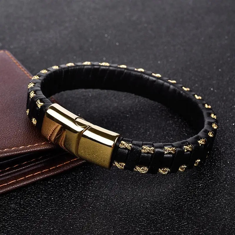 CowLost | jiayiqi-punk-new-leather-bracelet-black-braid-gold-color-stainless-steel-bangles-for-men |1