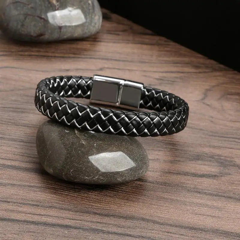 CowLost | jiayiqi-punk-men-jewelry-black-braided-leather-bracelet-stainless-steel-magnetic-clasp |16