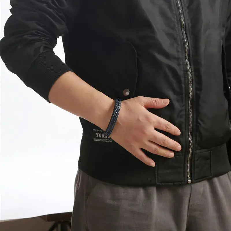 CowLost | jiayiqi-punk-men-jewelry-black-braided-leather-bracelet-stainless-steel-magnetic-clasp |20