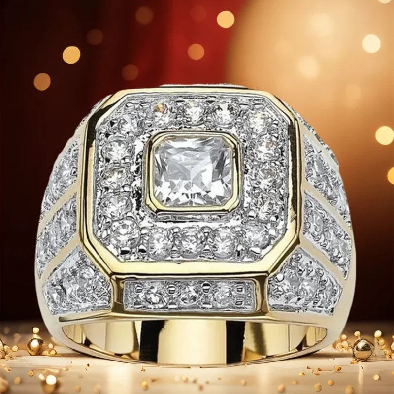 Gold Color Hip Hop Rock Ring with Rhinestones Zircon for Men and Women Party Jewelry
