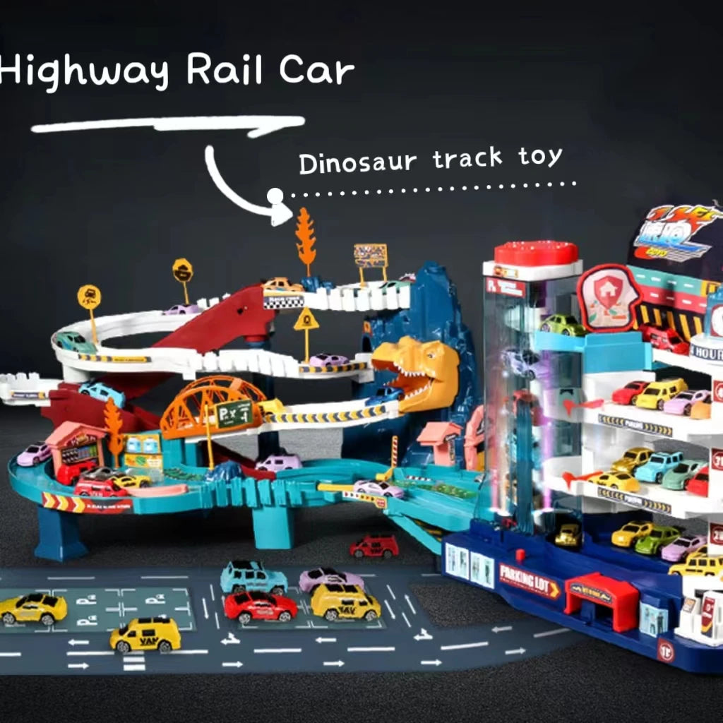 Dinosaur Electric Rail Car Racing Toy Interactive Mechanical Parking Lot for Children