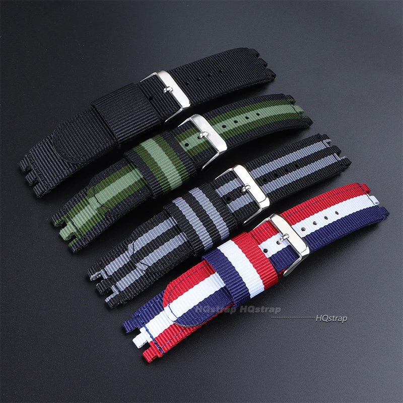 Nylon Canvas Watchband for Swatch 17mm 19mm 20mm Replacement Strap with Metal Pin Buckle