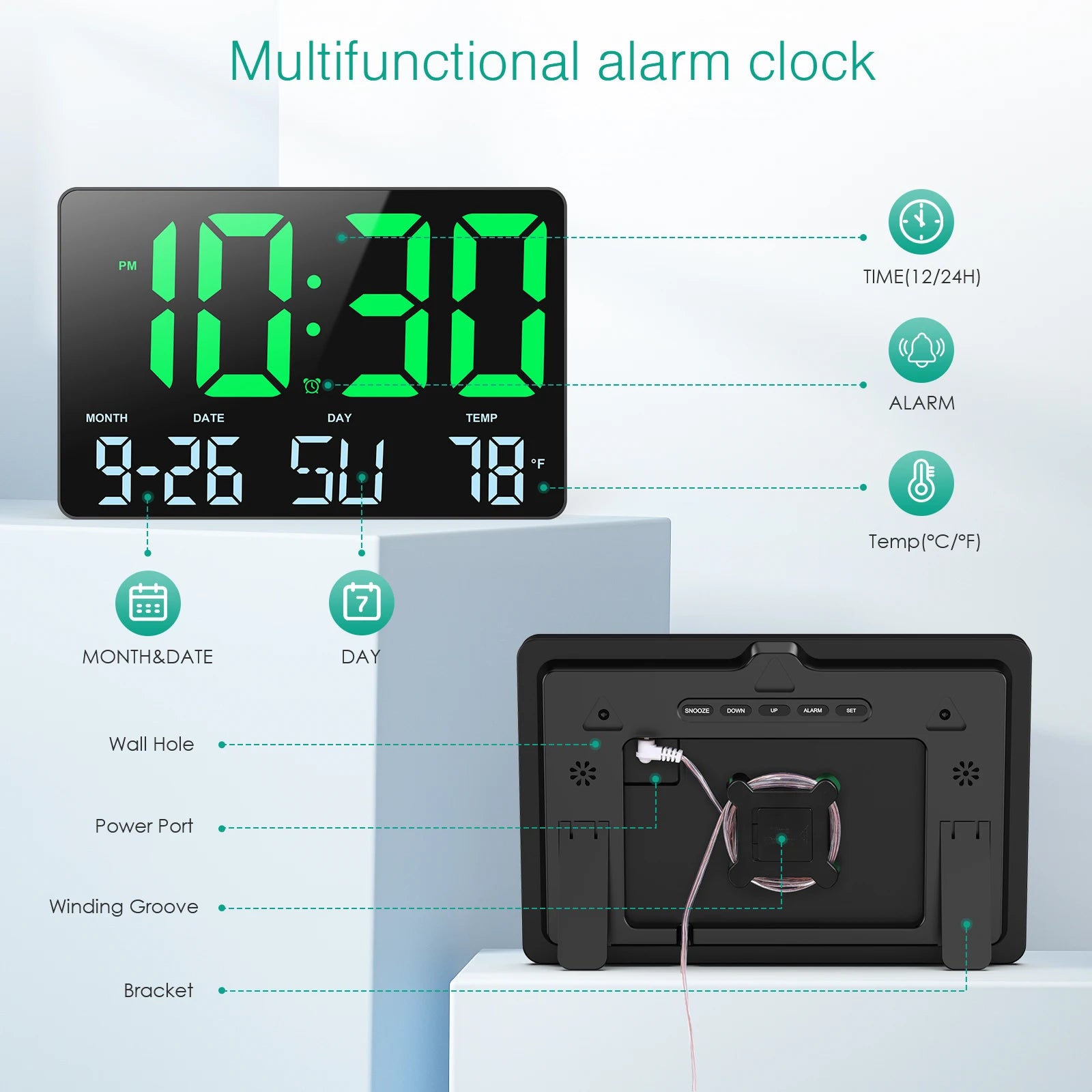 ORIA 11.5" Large USB Powered Digital LED Wall Clock with Calendar, 12/24H Time, Alarm, and Temp Display