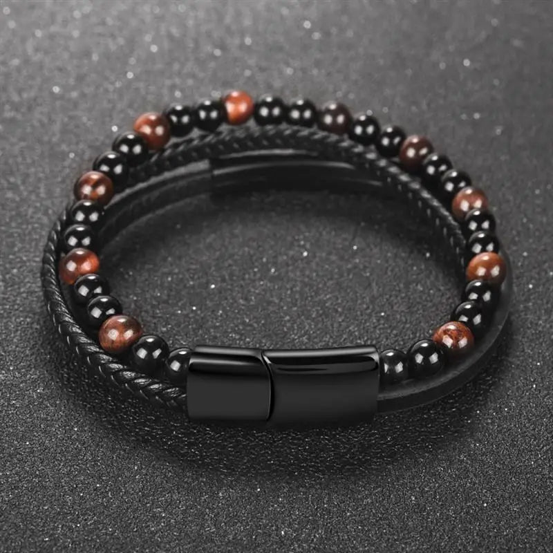 CowLost | badge-pass-holders-mens-natural-stone-beads-multilayer-leather-bracelet-with-magnetic-clasp |20