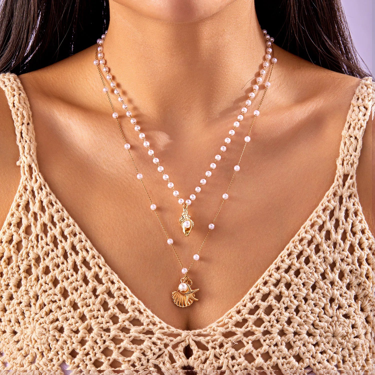 CowLost | bohemia-mulitlayer-ocean-series-necklace-for-women-starfish-shell-pearl-conch-flower-fish-tail-metal-choker-beach-party-jewelry |9