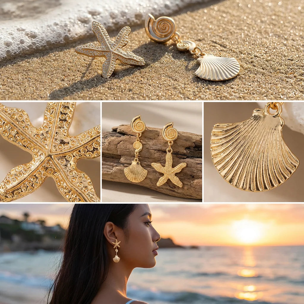 CowLost | boho-asymmetric-starfish-shell-pendant-earrings-for-women-gold-color-metal-textured-sea-star-conch-dangle-earring-beach-jewelry |7