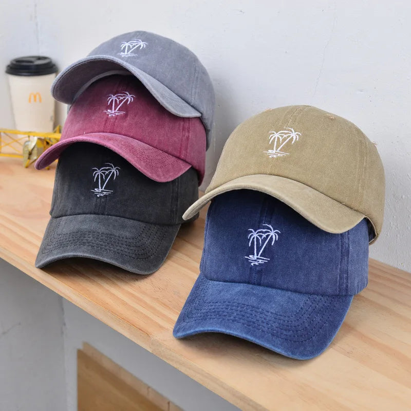 CowLost | unisex-washed-cotton-cap-coconut-tree-embroidery-vintage-baseball-cap |8
