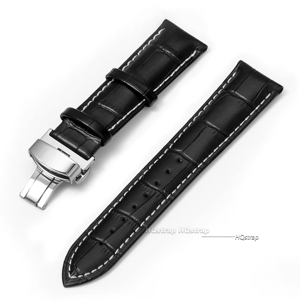 CowLost | product_id-genuine-calfskin-leather-watch-strap-16-24mm-black-with-brown-stitching-butterfly-buckle |13