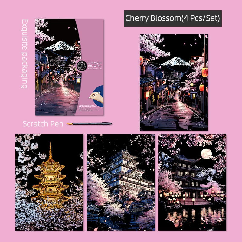 CowLost | product_id-4pcs-a3-diy-scratch-painting-set-colosseum-forbidden-city-cherry-blossom-castle-night-view |20