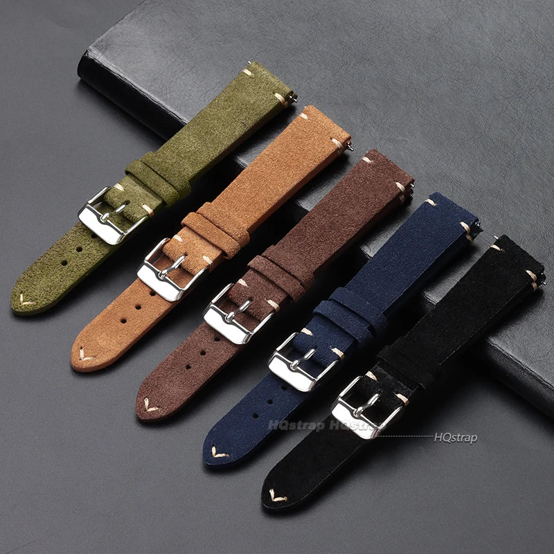 Genuine Suede Leather Quick Release Watch Strap 14-22mm Vintage Brown Wristband