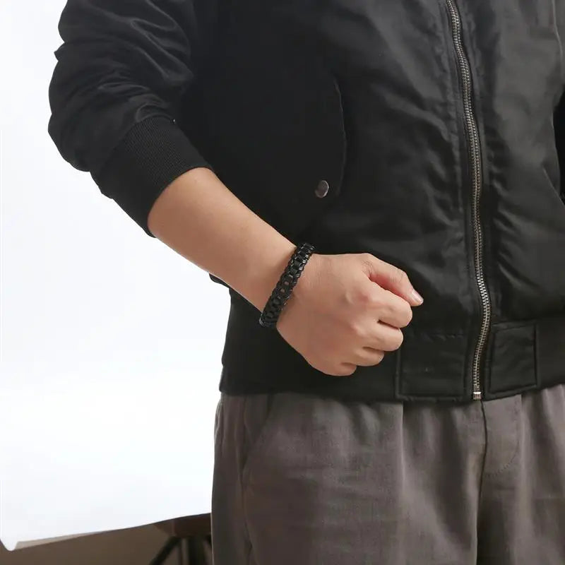 CowLost | badge-pass-holders-mens-classic-hand-woven-stainless-steel-leather-braided-bracelet |20