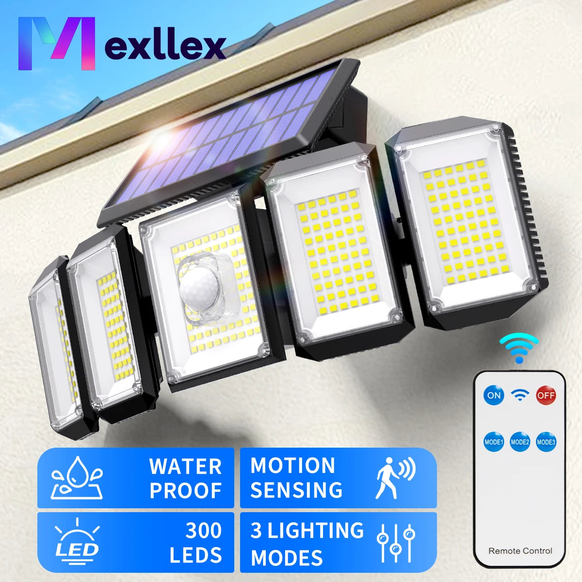 Mexllex 300 LED Solar Outdoor Motion Sensor Light with Remote, 3 Modes, IP65 Waterproof