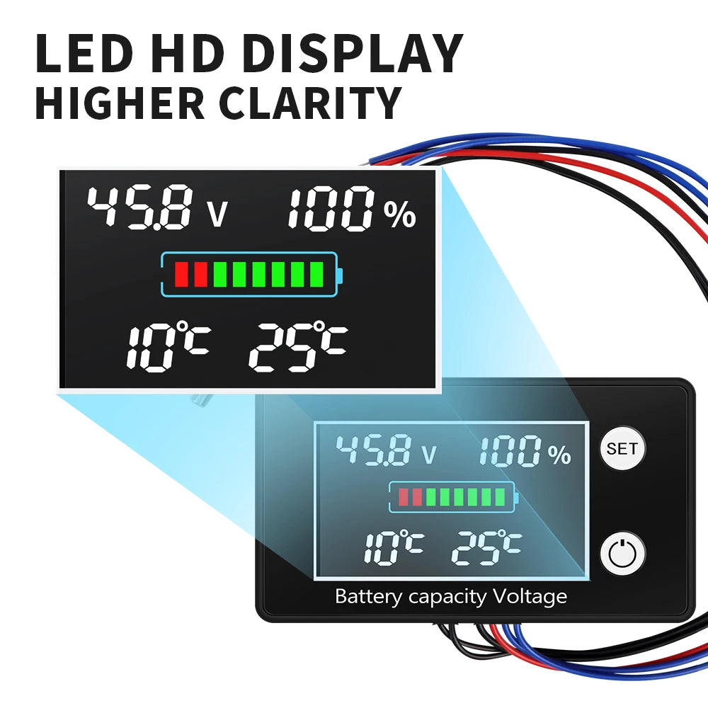 JUANJUAN DC 10V-100V Digital Battery Capacity Indicator LCD Voltage Tester with Temperature Control