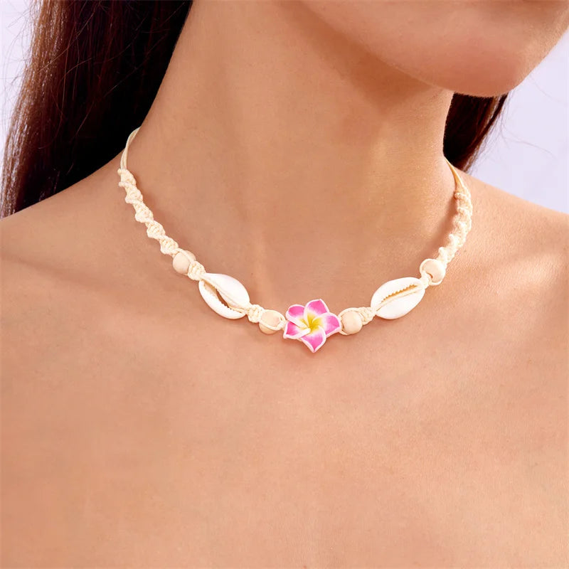 CowLost | bohemia-conch-beads-braided-necklaces-for-women-pink-green-cute-little-daisy-flower-choker-hand-woven-summer-beach-party-jewelry |7