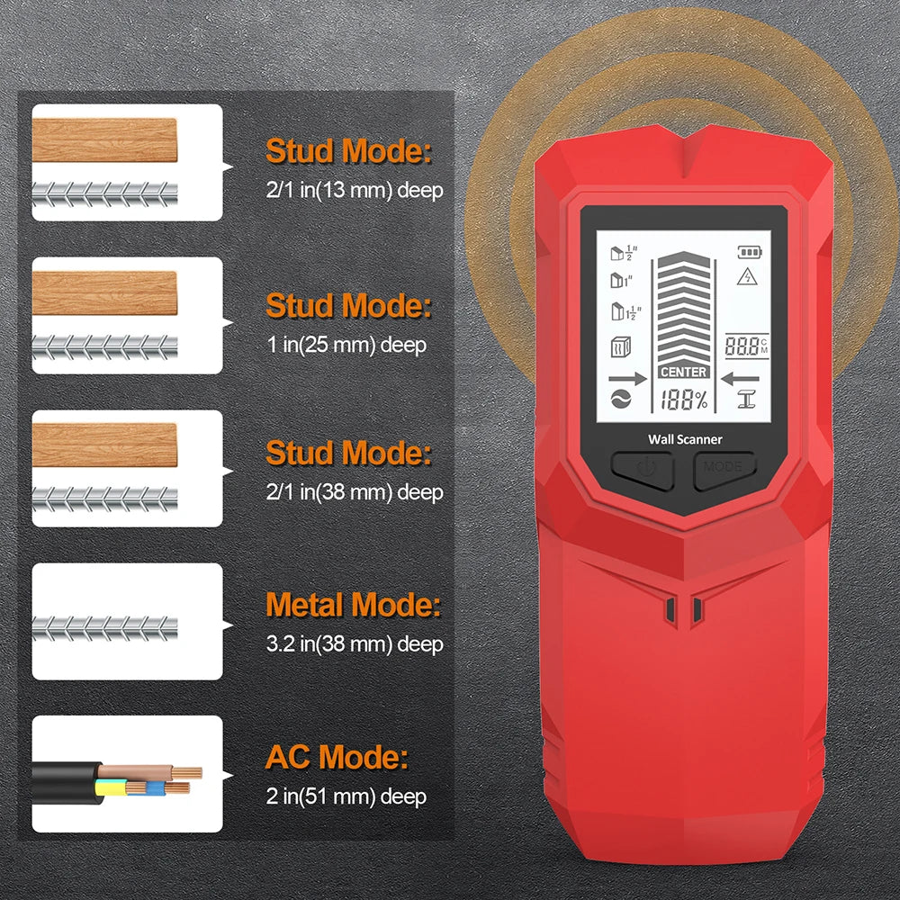 HW-910 Handheld 6-in-1 Wall Metal Detector Stud AC Wire Pipe Wooden Beam Finder with LCD Display