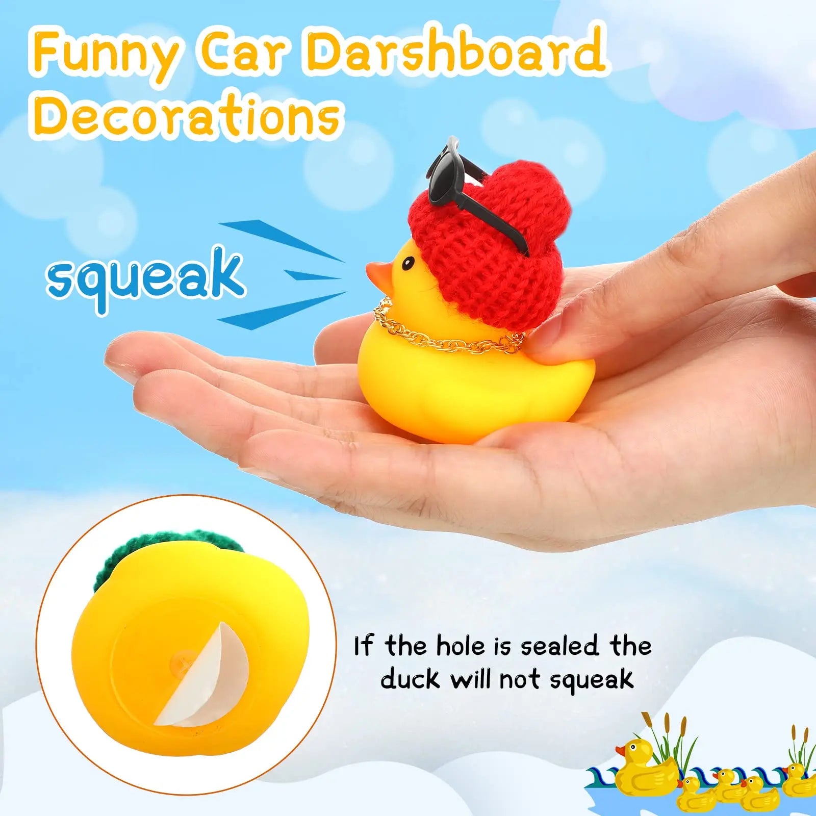 CowLost | product_id-6-12-36pcs-yellow-rubber-duck-car-dashboard-decorations-with-mini-hat-necklace-and-sunglasses |6