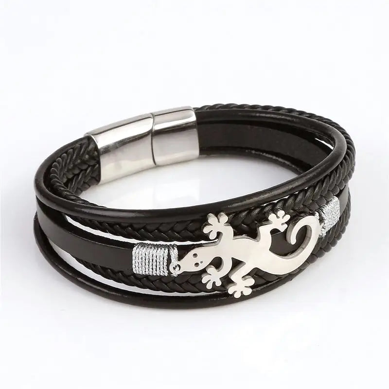 CowLost | jiayiqi-trendy-leather-cord-men-bracelet-metal-animal-gecko-pattern-bracelet |4