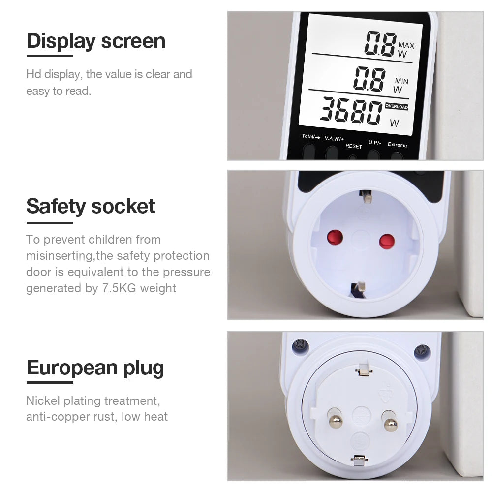 Digital Power Meter Socket 120-240V Wattmeter Energy Consumption Analyzer for Household Appliances