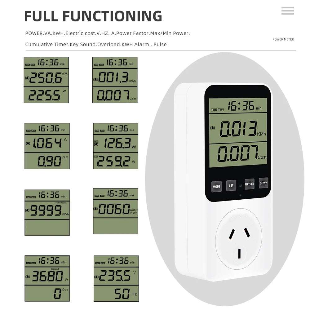 Digital Wattmeter AC Power Meter Socket Analyzer 220V EU Plug Energy Voltmeter Ammeter Electricity Cost Monitor