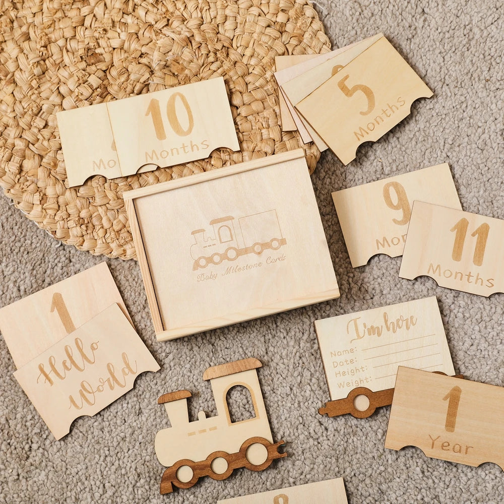 CowLost | baby-transport-accessories-wooden-baby-growth-milestone-cards-1-12-months-with-train-box-photo-props |14