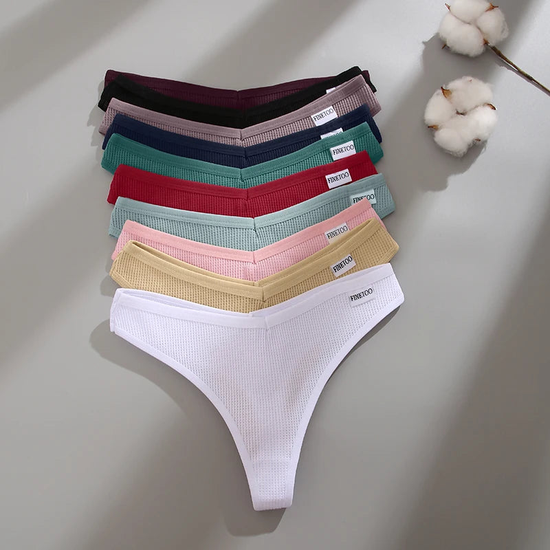 CowLost | activewear-pants-3pcs-cotton-waffle-women-s-sexy-thong-panties-set |18