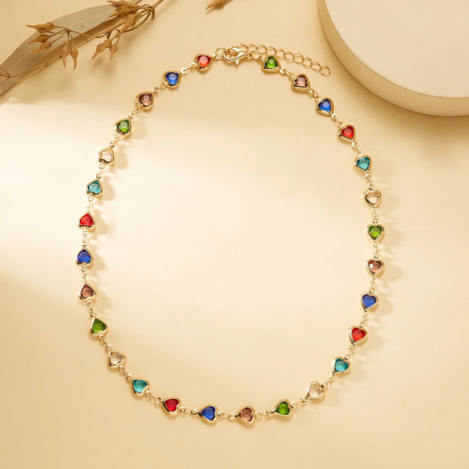 CowLost | exquisite-rainbow-zircon-heart-choker-necklace-for-women-korean-crystal-gold-color-metal-chain-collar-girls-party-beach-jewelry |8