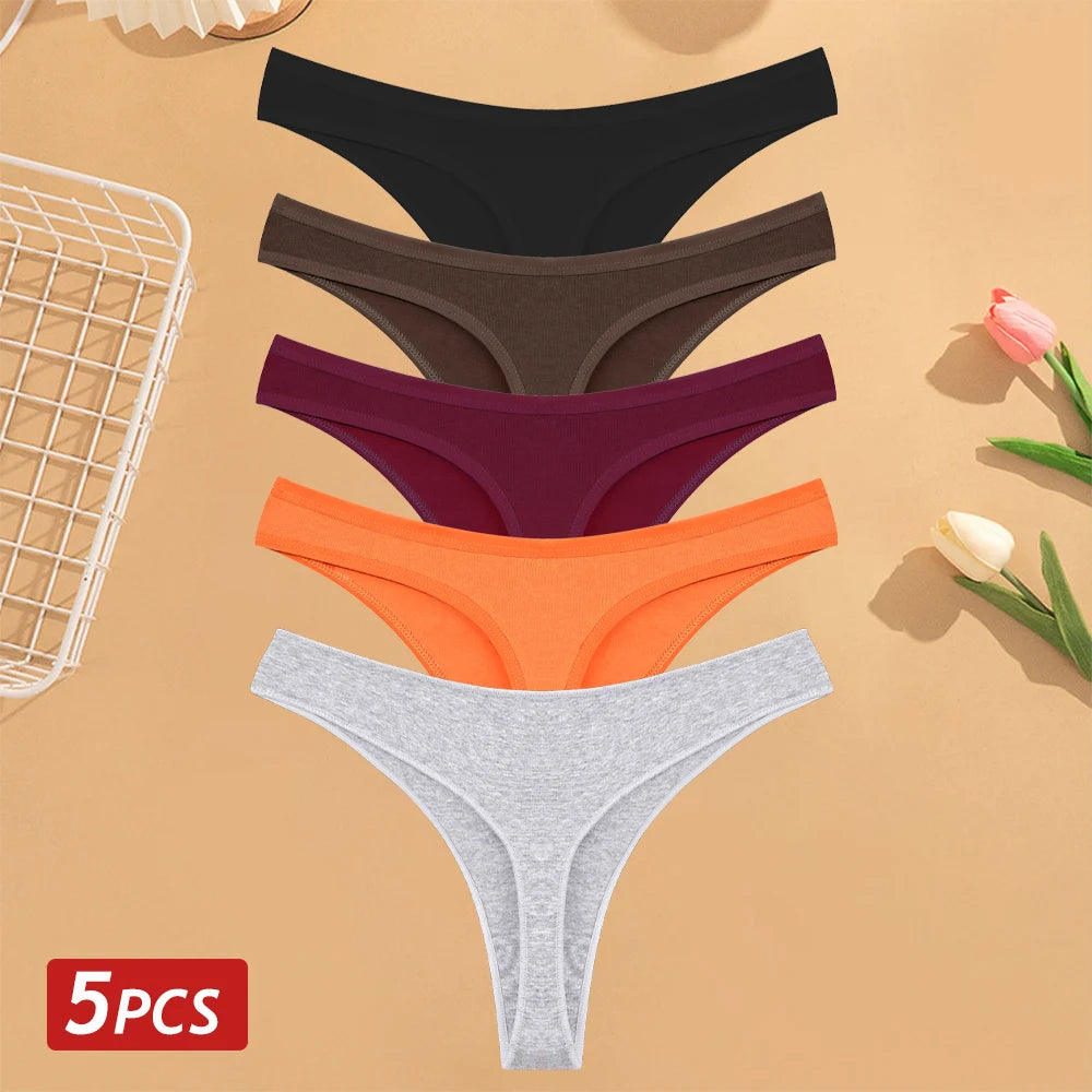 CowLost | activewear-pants-5pcs-women-cotton-solid-color-g-string-panties-set |19