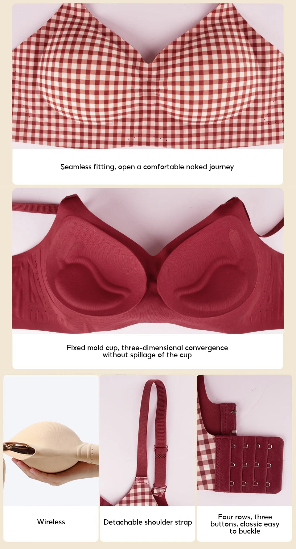 CowLost | product_id-fallsweet-red-plaid-wireless-seamless-push-up-bra-for-women |9