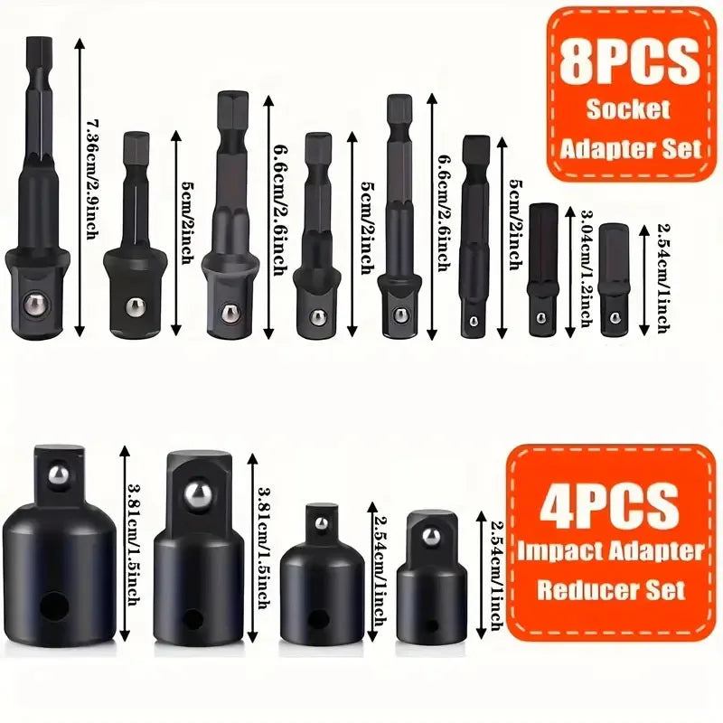 CowLost | 12pcs-impact-socket-adapter-set-25mm-73mm-1-4-hex-shank-extension-for-cordless-drill-quick-change-nut-driver-conversions |6