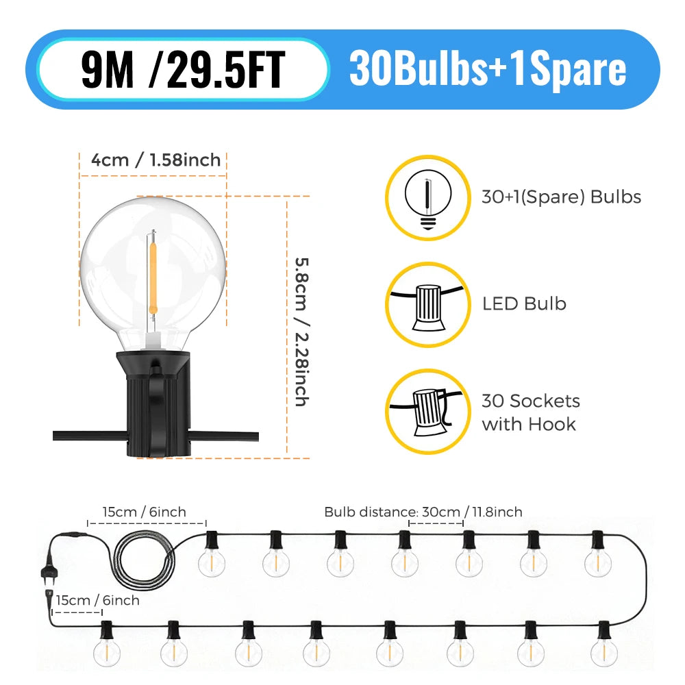 100FT G40 LED Globe String Lights, 100 Waterproof Plastic Bulbs for Outdoor Christmas Party Garden Decor
