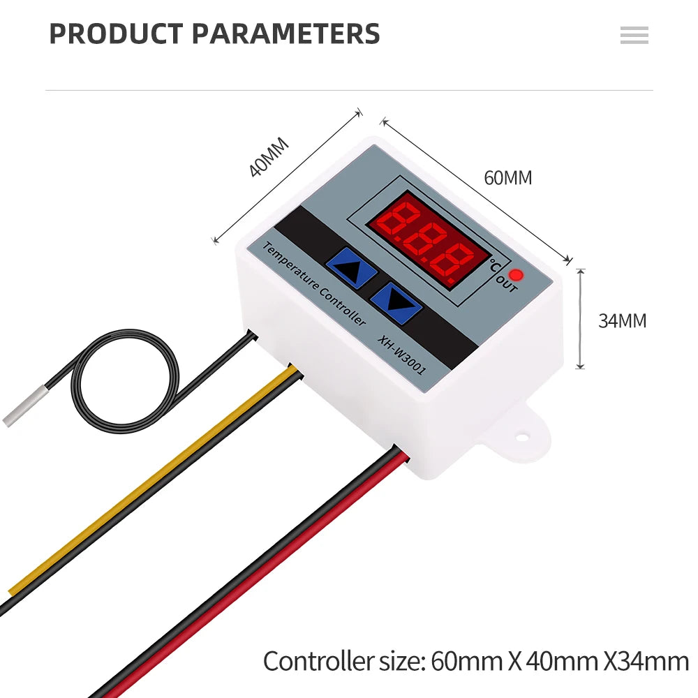 XH-W3001 Digital LED Temperature Controller Thermostat with NTC Sensor and Probe 220V for Incubator Cooling Heating