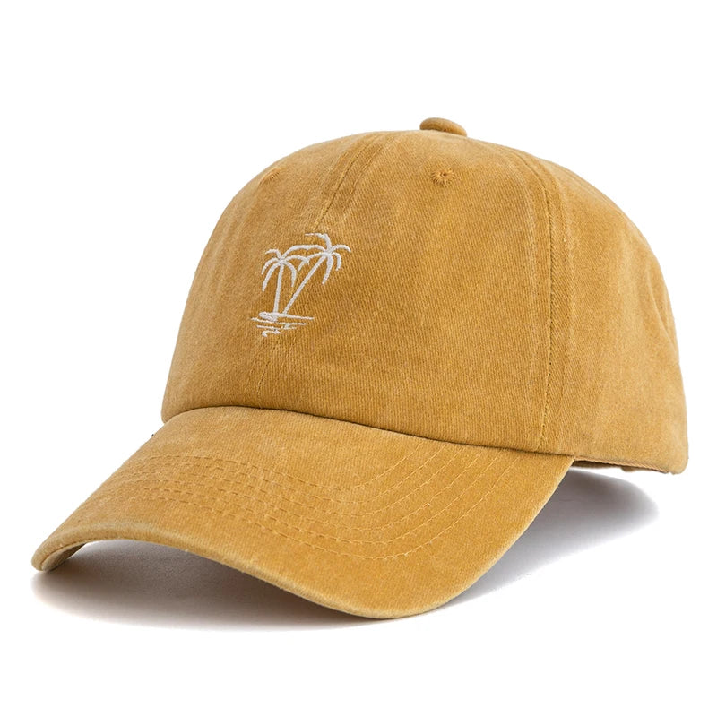 CowLost | unisex-washed-cotton-cap-coconut-tree-embroidery-vintage-baseball-cap |11