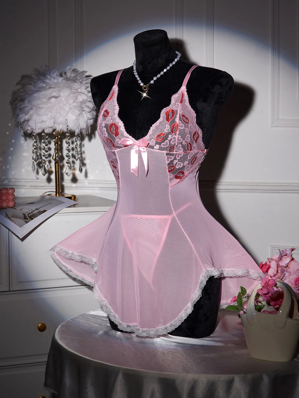 CowLost | pink-transparent-ultra-thin-hot-nightgown-womens-pajamas-with-thongs-lace |10