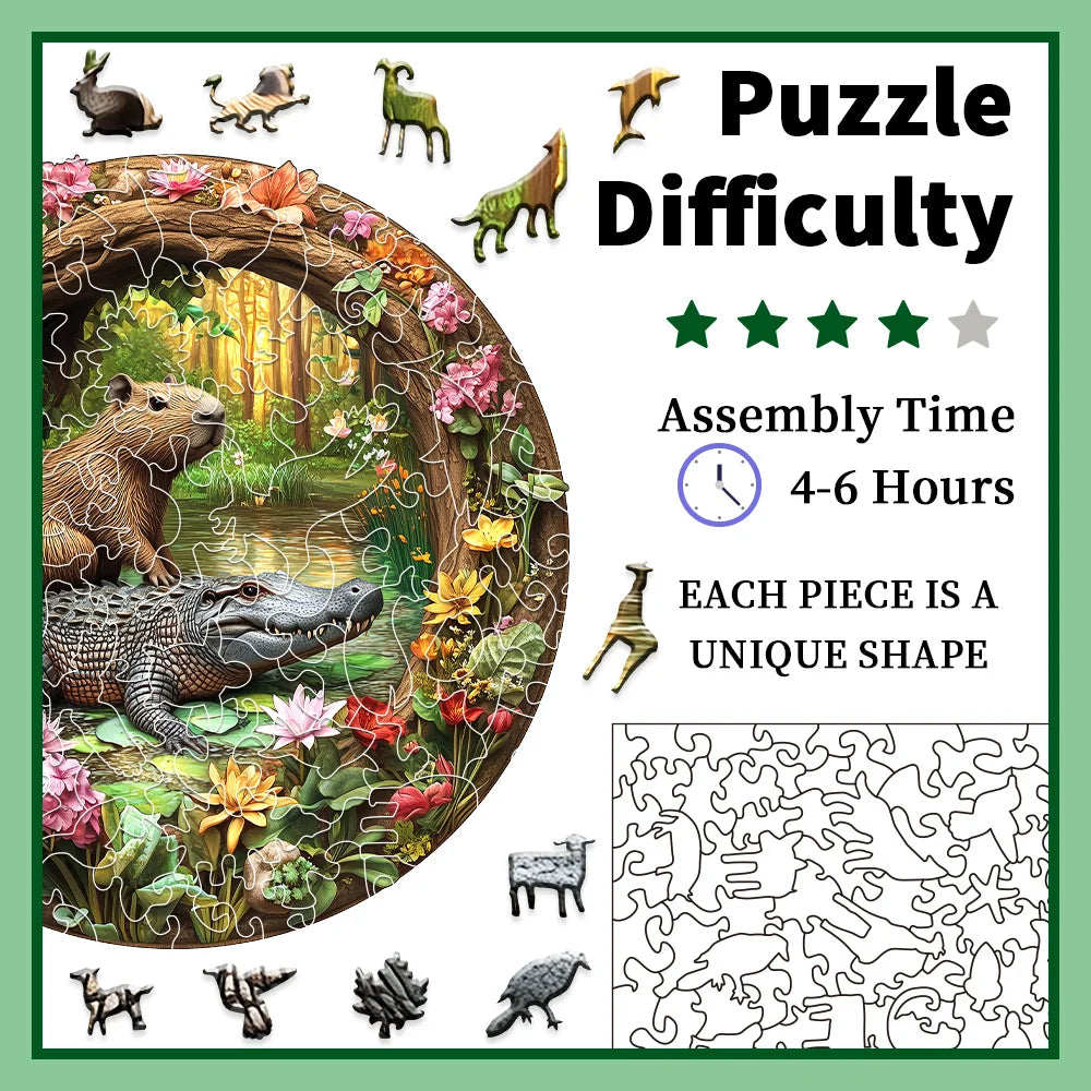 CowLost | premium-capybara-crocodile-wooden-jigsaw-puzzle-irregular-animal-shaped-pieces-5a-difficulty-waterproof-family-interactive |5