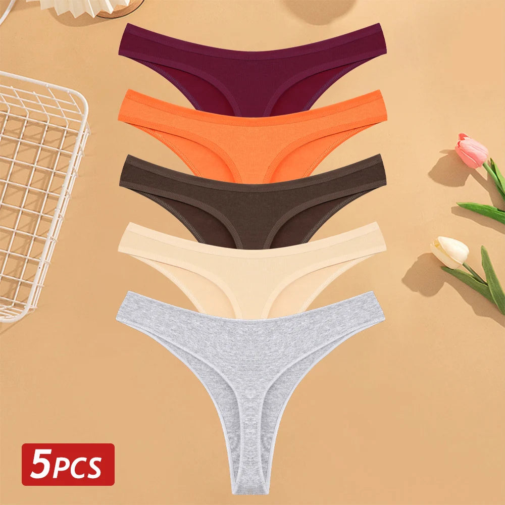 CowLost | activewear-pants-5pcs-women-cotton-solid-color-g-string-panties-set |16