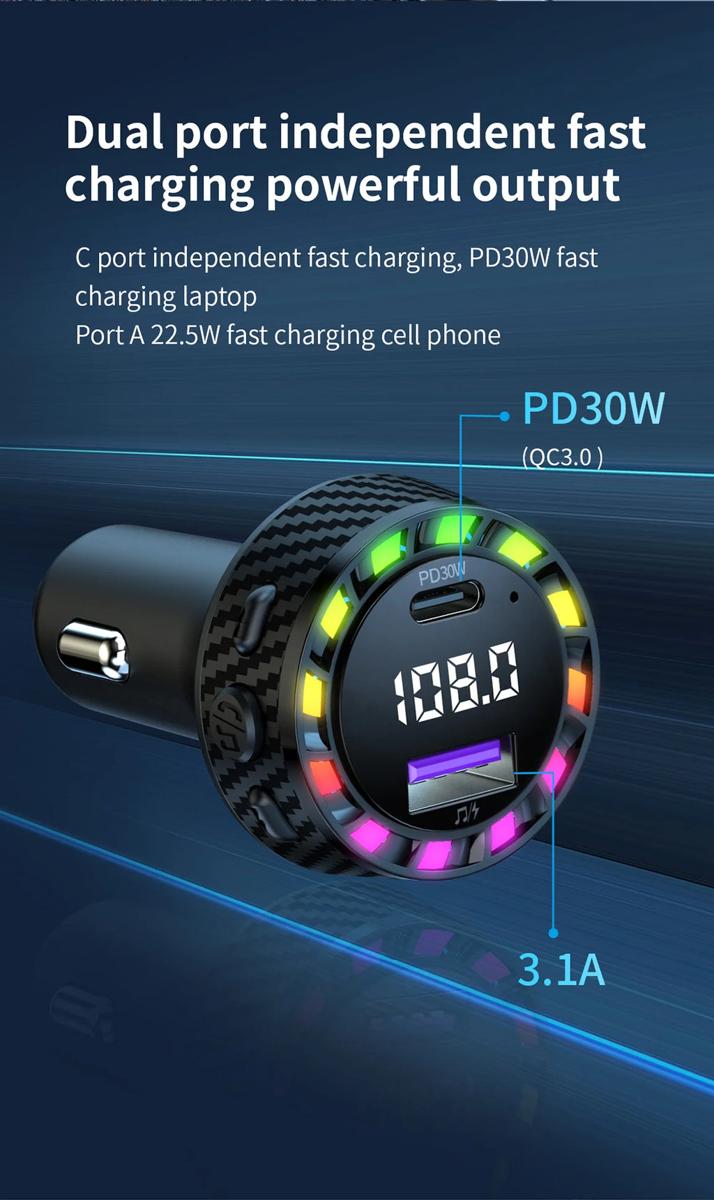 CowLost | usb-c-car-phone-charger-dual-pd-30w-2in1-with-voltage-display-bluetooth-5-3-super-fast-charge-adapter-for-iphone-samsung |11