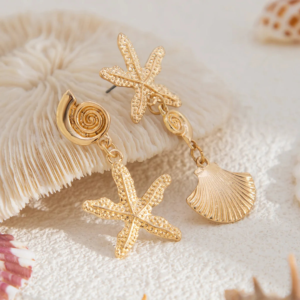CowLost | boho-asymmetric-starfish-shell-pendant-earrings-for-women-gold-color-metal-textured-sea-star-conch-dangle-earring-beach-jewelry |6