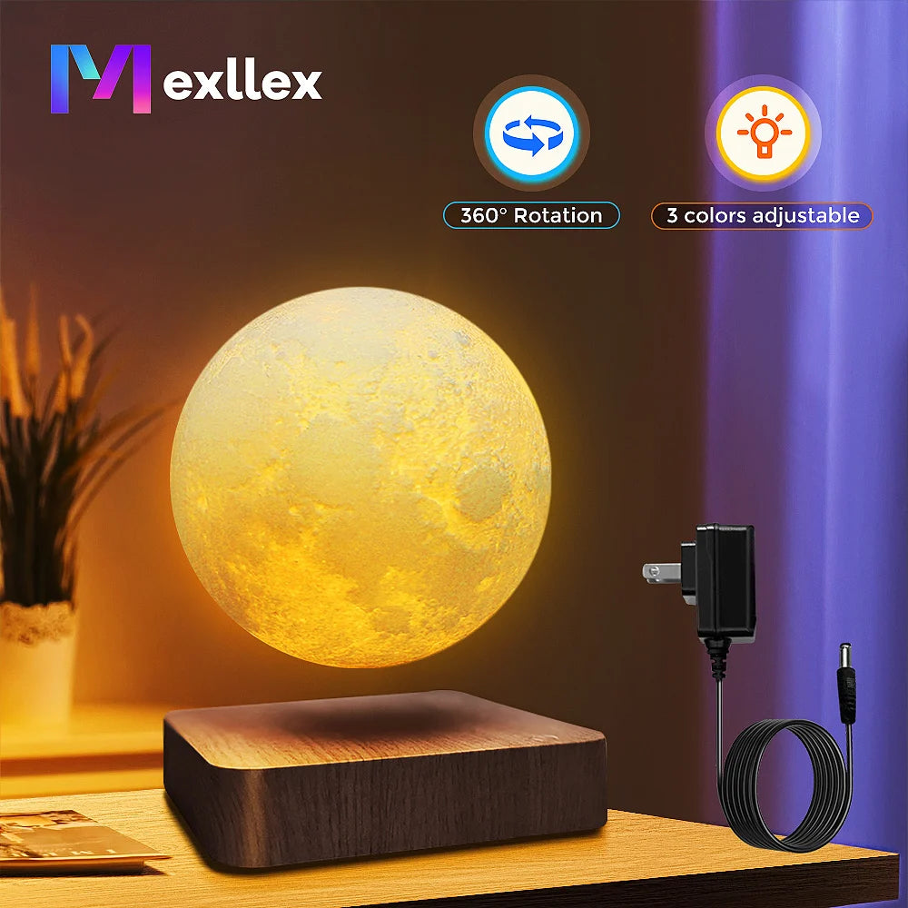 Levitating Moon Magnetic Floating 3D LED Night Light with Wooden Base, 3 Color Temperatures