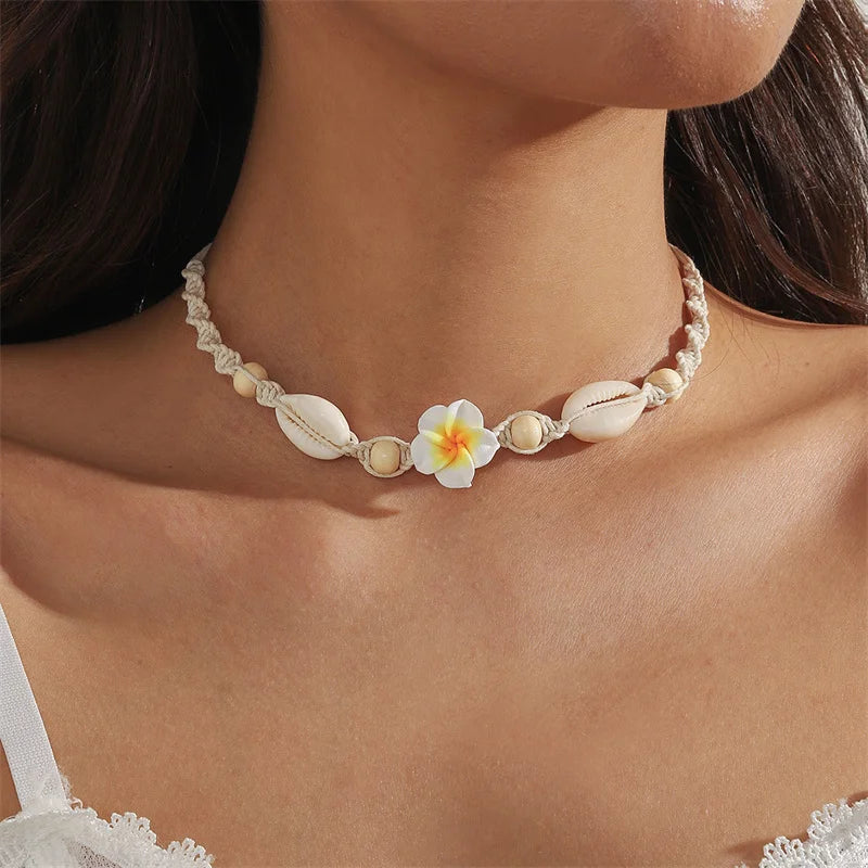 CowLost | bohemia-conch-beads-braided-necklaces-for-women-pink-green-cute-little-daisy-flower-choker-hand-woven-summer-beach-party-jewelry |1