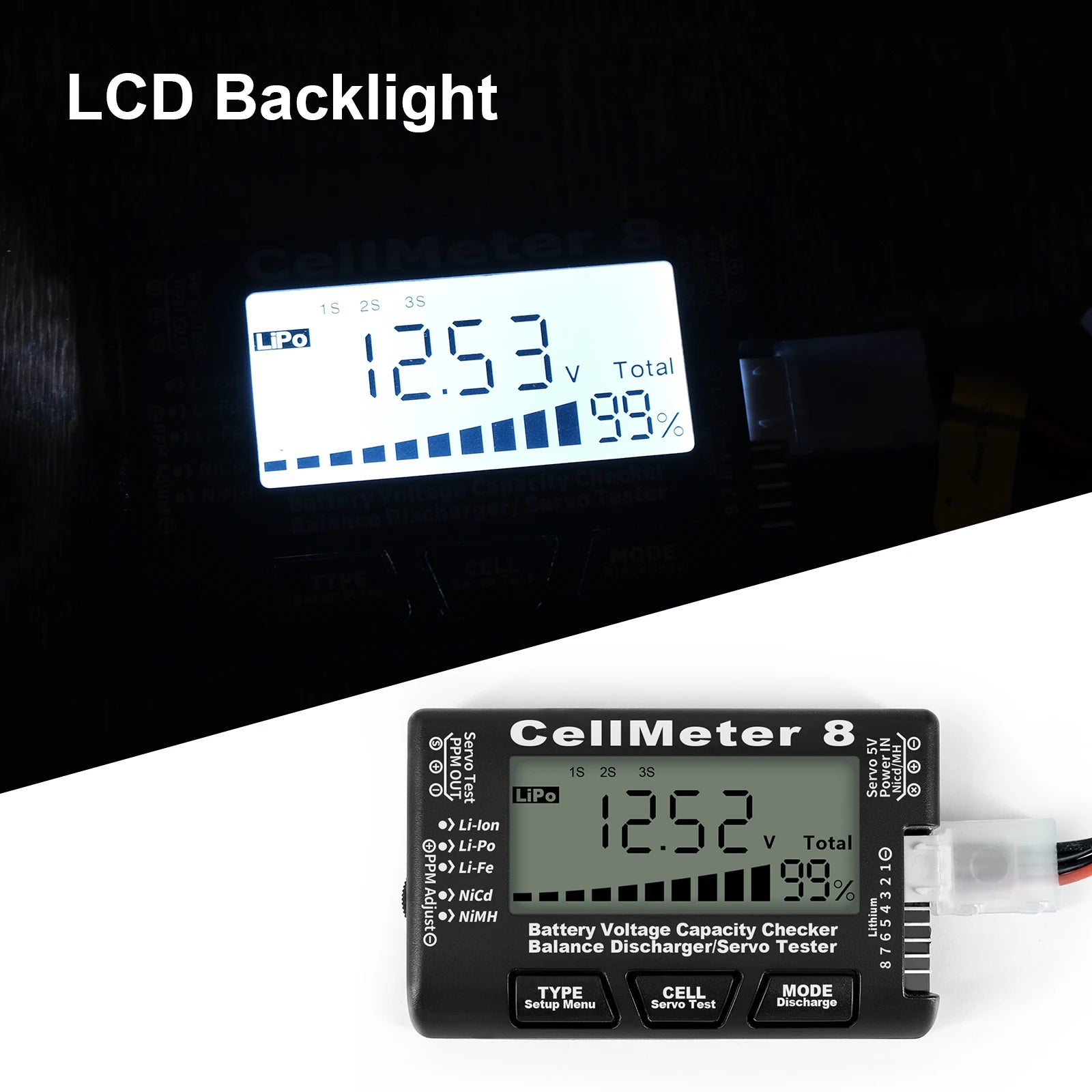 8 in 1 CellMeter Battery Capacity Tester Digital RC LiPo Li-ion NiMH Checker