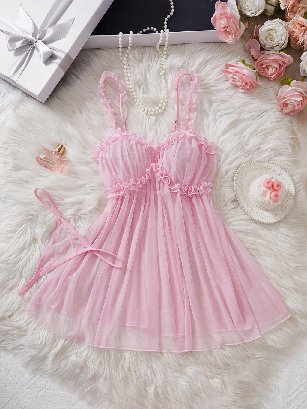 CowLost | women-perspective-mesh-nightdress-bow-wrapped-around-chest-pink-sexy-babydoll |2