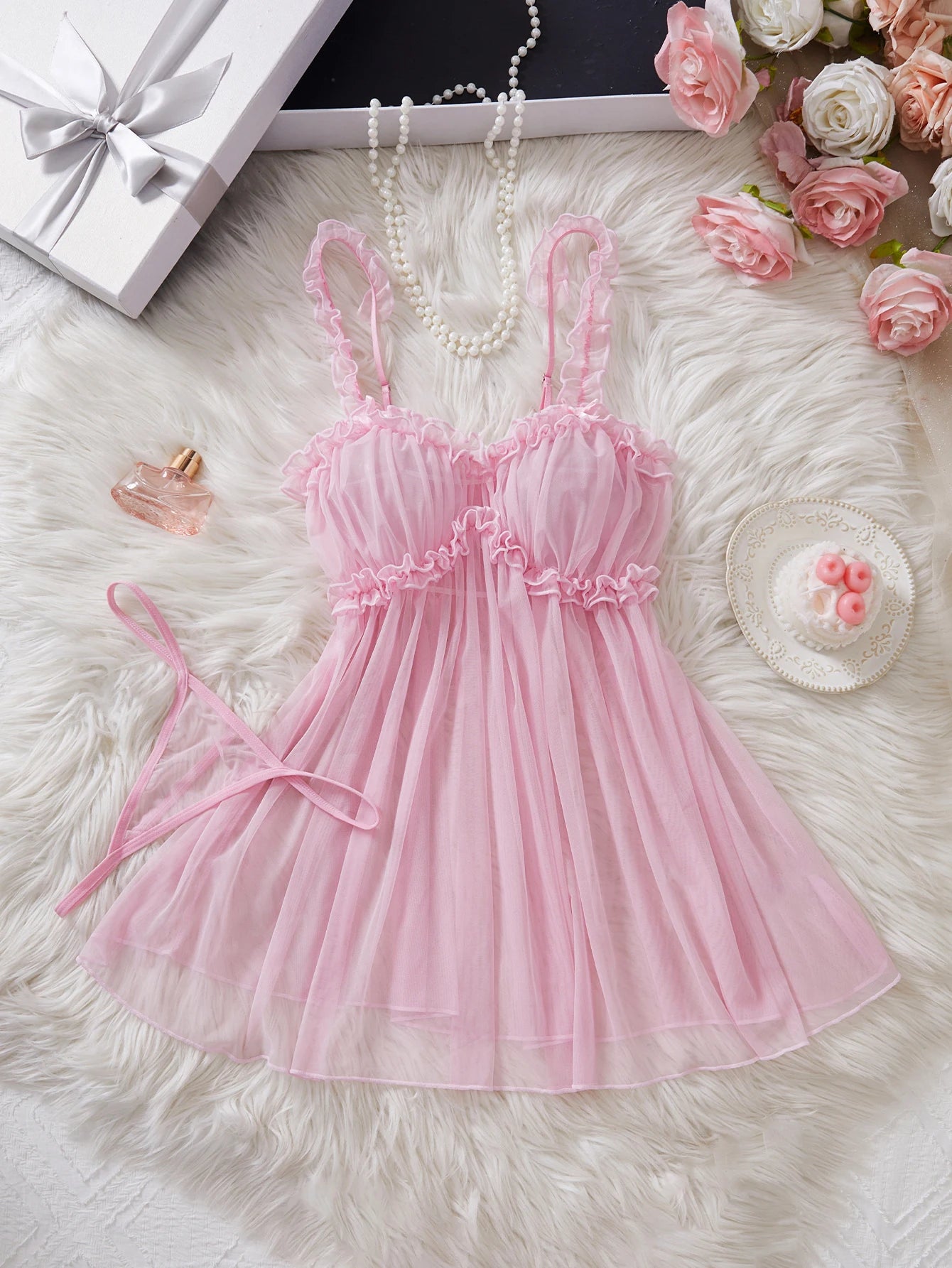 CowLost | women-perspective-mesh-nightdress-bow-wrapped-around-chest-pink-sexy-babydoll |2