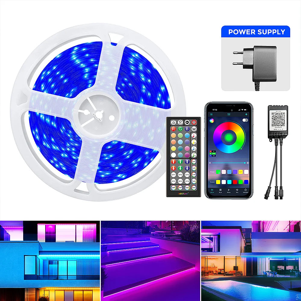 30M/20M RGB 5050 LED Strip IP65 Waterproof Silicone Tape with APP & 44-Key Remote, Music Sync, Color Change for Pool & Balcony