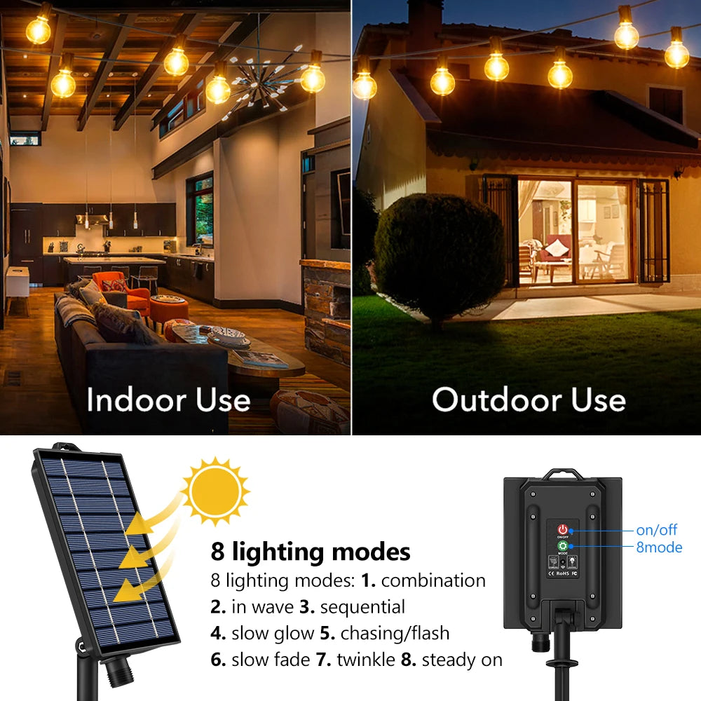 Mexllex 15.5M G40 Solar LED String Lights Outdoor Waterproof with 8 Modes for Patio Balcony Wedding
