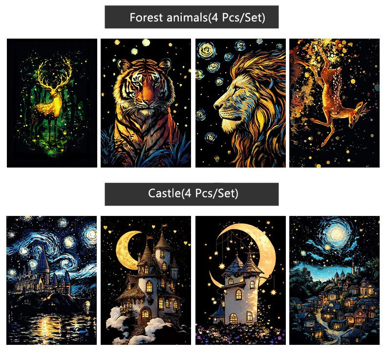 CowLost | product_id-4-pcs-a5-noctilucent-diy-scratch-painting-set-castle-landscape-animal-night-scenes |24