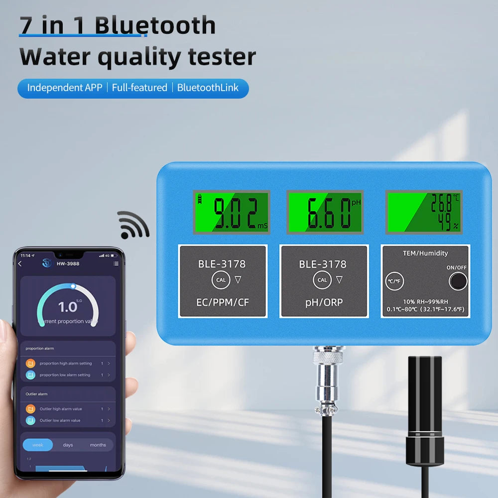 7-in-1 Digital Bluetooth Water Quality Tester PH/EC/TDS/ORP/CF/Humidity/Temp Meter with APP Control EU