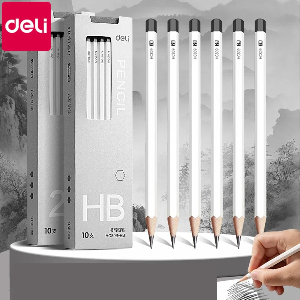 CowLost | product_id-deli-10pcs-white-wood-hexagonal-hb-2b-pencils-set-for-writing-and-painting |1