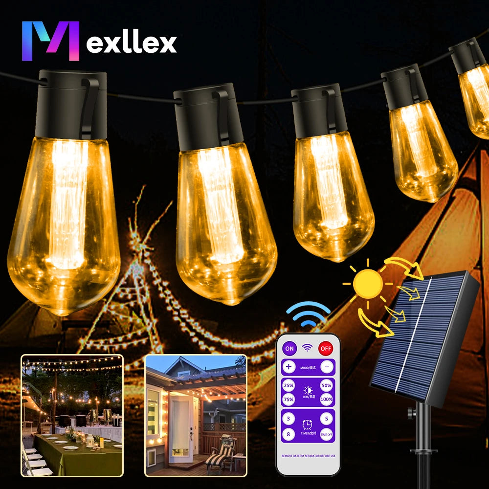32FT S14 Solar Waterproof Outdoor String Lights with Remote, 8 Modes, Shatterproof Bulbs, High Brightness