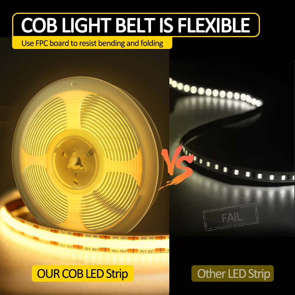 12V/24V 10M FCOB LED Strip Light Warm White High Density Flexible 3000K-6000K Cuttable COB Tape
